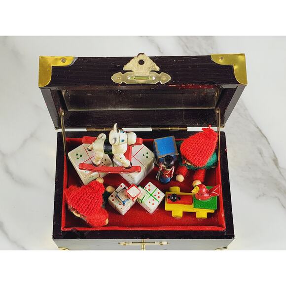 Enesco Wood Toybox Christmas Treasure Chest Music Box w/ Mirror 5" TESTED Vtg - Picture 13 of 16